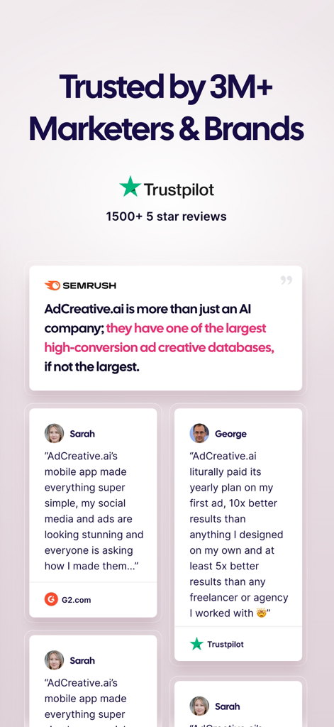 AdCreative.ai Official: AI Ads - Screen showing testimonials and reviews for AdCreative.ai from brands and marketers