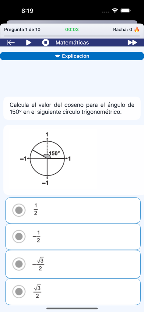 Mi guia UNAM PRO - Domanda di pratica della guida allo studio per l'esame di ammissione UNAM di matematica con diagramma del cerchio unitario.