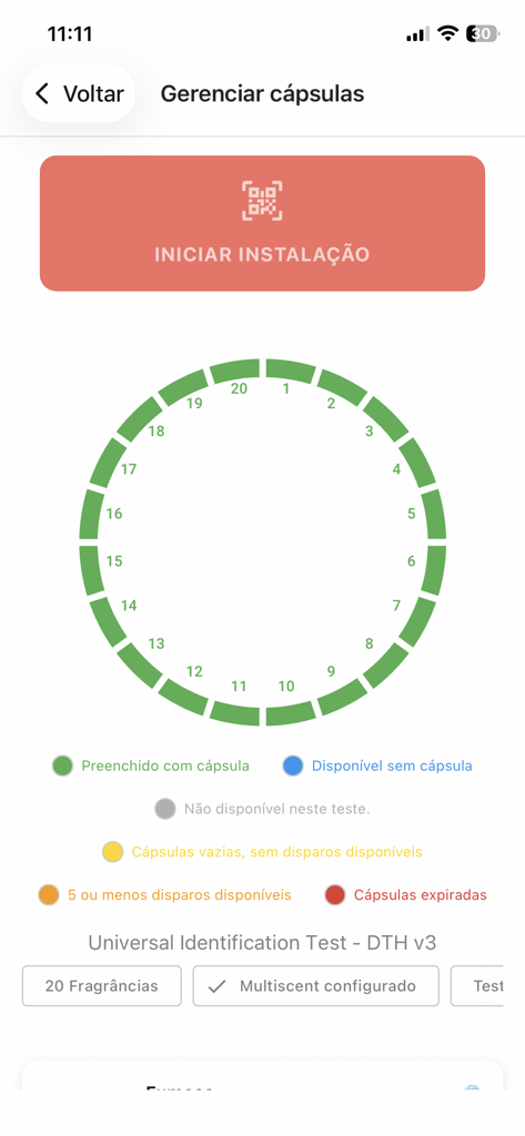 Noar Health - Noar Health app interface showing the status of 20 fragrance capsules for the Multiscent device