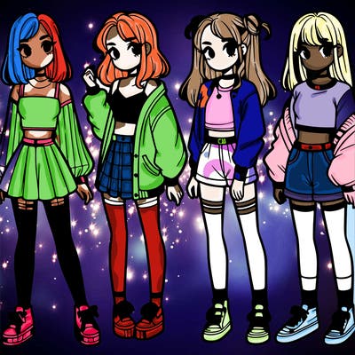 one girl with crop-top shirt and a jacket with a skirt, long socks and another girl with a shirt and pants with a jacket
