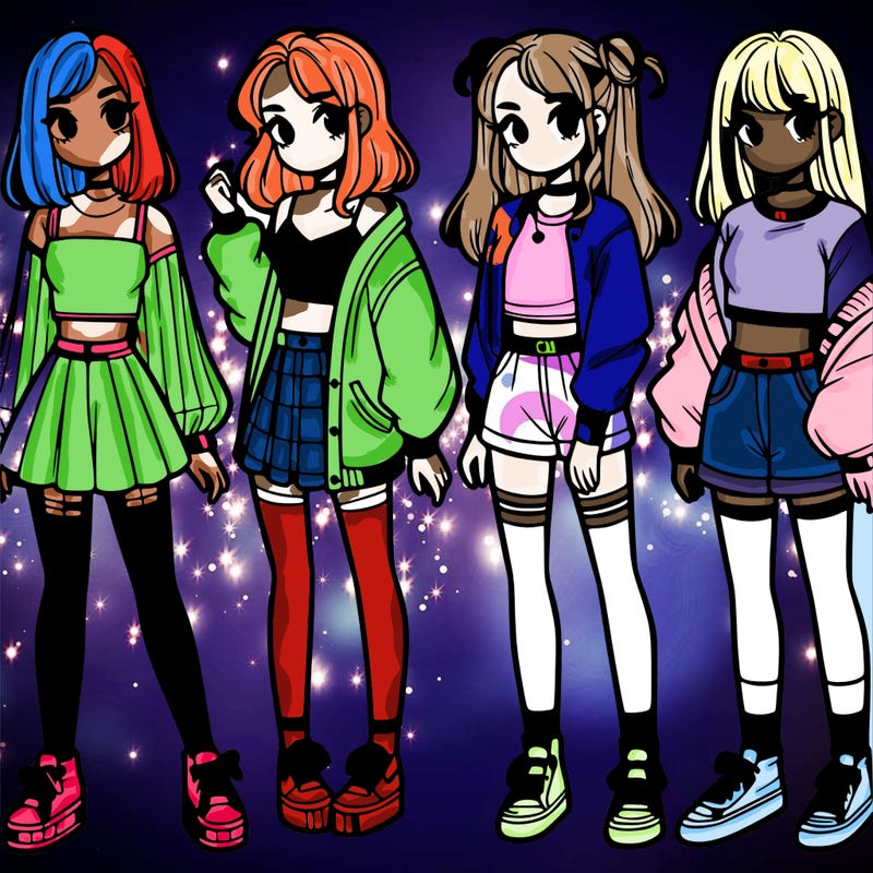 one girl with crop-top shirt and a jacket with a skirt, long socks and another girl with a shirt and pants with a jacket