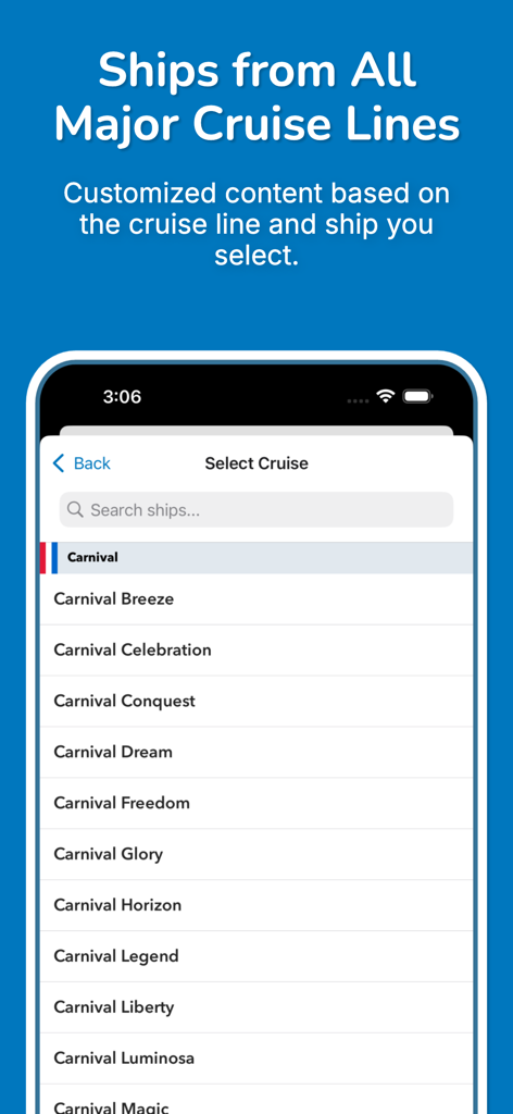 CruiseTick Cruise Countdown - Una lista de barcos de cruceros de Carnival para seleccionar dentro de la interfaz de la aplicación CruiseTick.