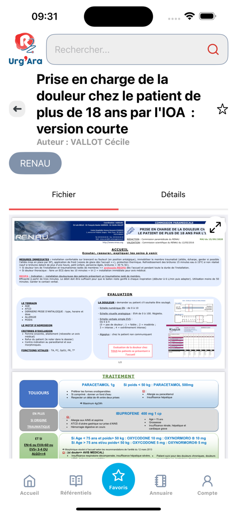 Urg-Ara - Mobile screen of Urg-Ara medical app displaying an emergency clinical protocol for pain management