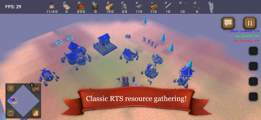Rise of the Townies - RTS - Gameplay screenshot of Rise of the Townies RTS showing village building and classic resource gathering on a mobile device