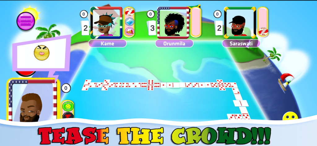 A gameplay screenshot of Caribbean Dominoes featuring custom avatars and a tropical island background with the text Tease the Crowd.