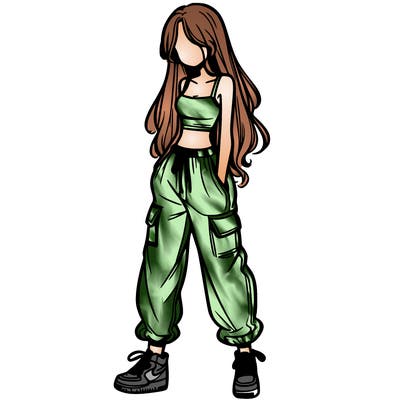 girl in baggy pants crop top and long hair