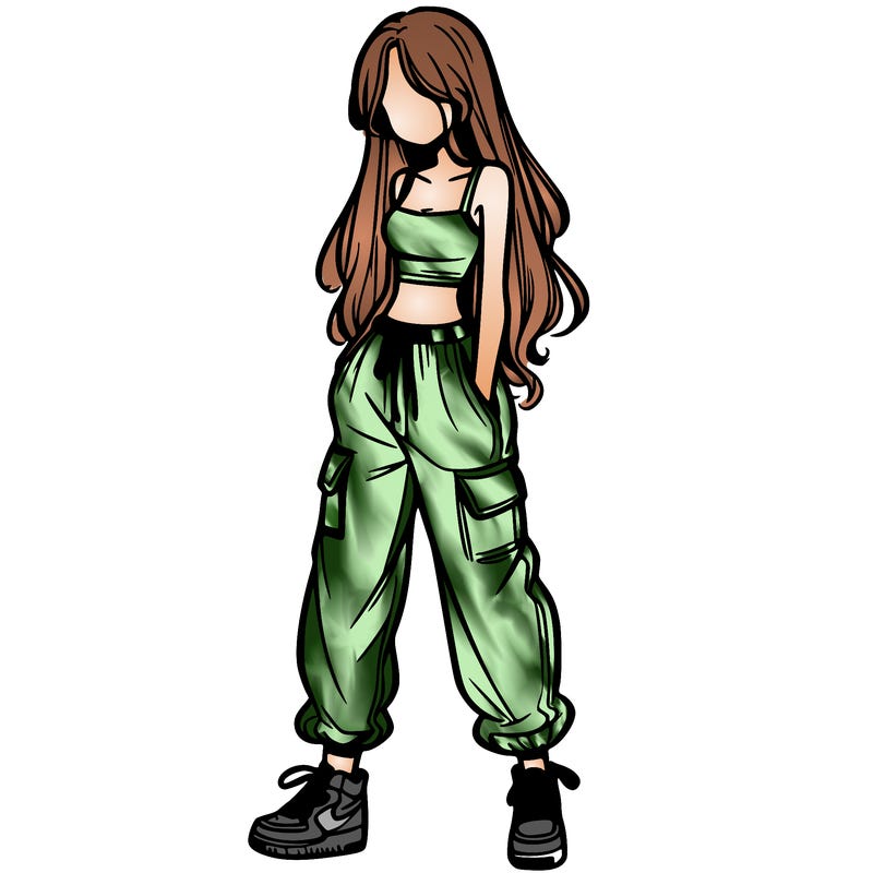 girl in baggy pants crop top and long hair