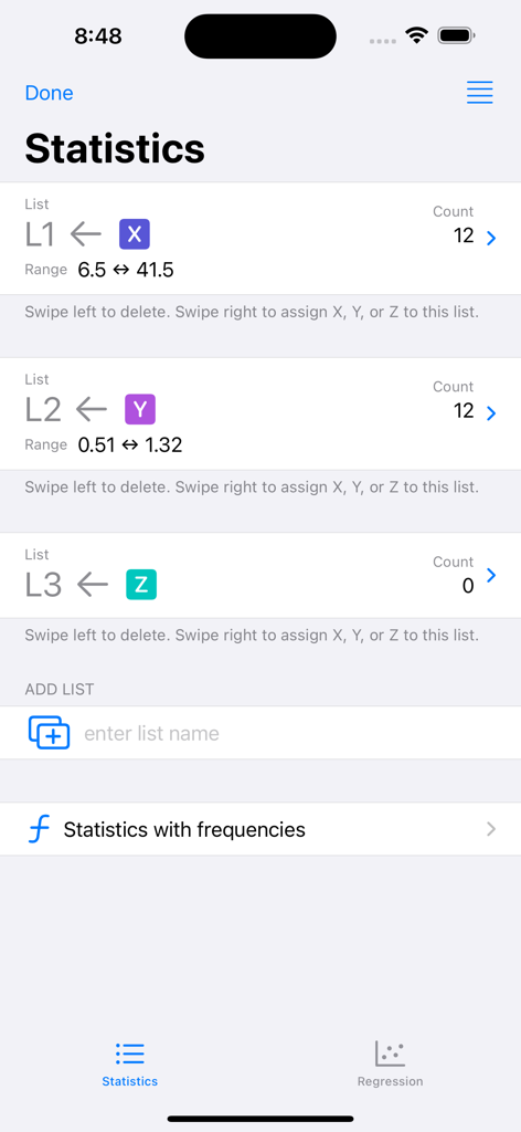 Statistics Calculator++ - Statistics Calculator app interface showing data lists for variables X Y and Z