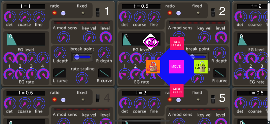Dexed Synth - Technical interface of Dexed Synth showing FM synthesis knobs and a central control menu for mobile sound design