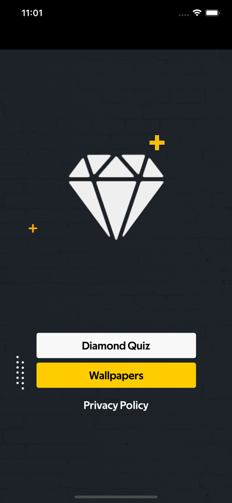 FF Diamonds Quiz & Wallpaper - Main menu of the FF Diamonds Quiz and Wallpaper app featuring a diamond icon and buttons for Diamond Quiz and Wallpapers.