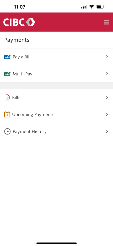 CIBC Caribbean Mobile - CIBC Caribbean Mobile app payments screen listing bill pay and history options