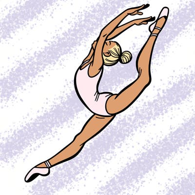 gymnast doing a leap in a leotard with a bent back leg