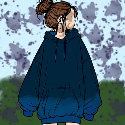 realistic girl with a oversized sweatshirt on and a bun