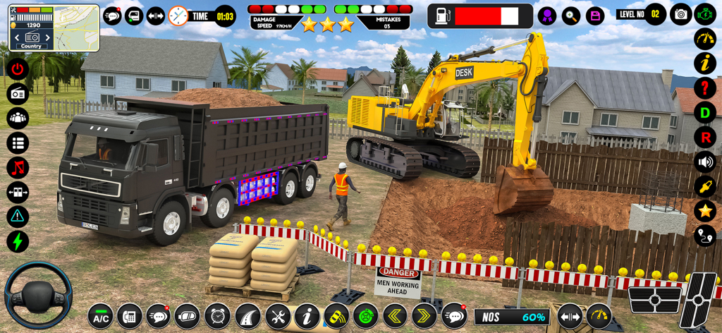 Road Build & Dropoff Missions - Excavadora pesada y camión volquete en un sitio de construcción en un juego de simulación.