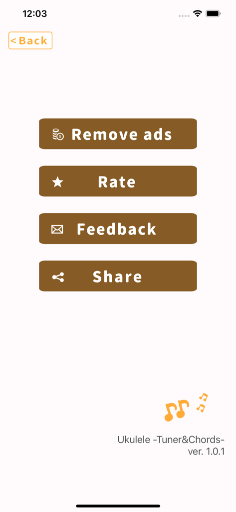Settings screen of the Ukulele Tuner app with options to remove ads, rate, and share.