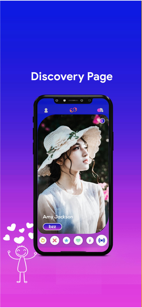 Igniter - On Demand Dating App - Discovery page of the Igniter dating app featuring a user profile and swipe action buttons.