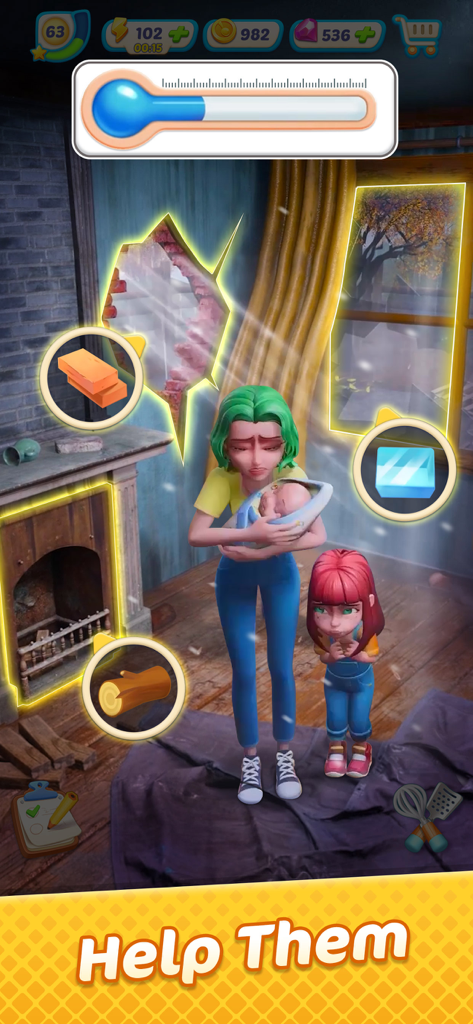 Une femme tenant un bébé et un enfant grelottant dans une pièce en mauvais état avec des icônes de matériaux de construction