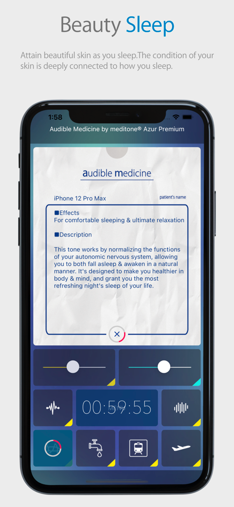 meditone® Azur Premium - User interface of meditone Azur Premium app featuring the Beauty Sleep audible medicine program