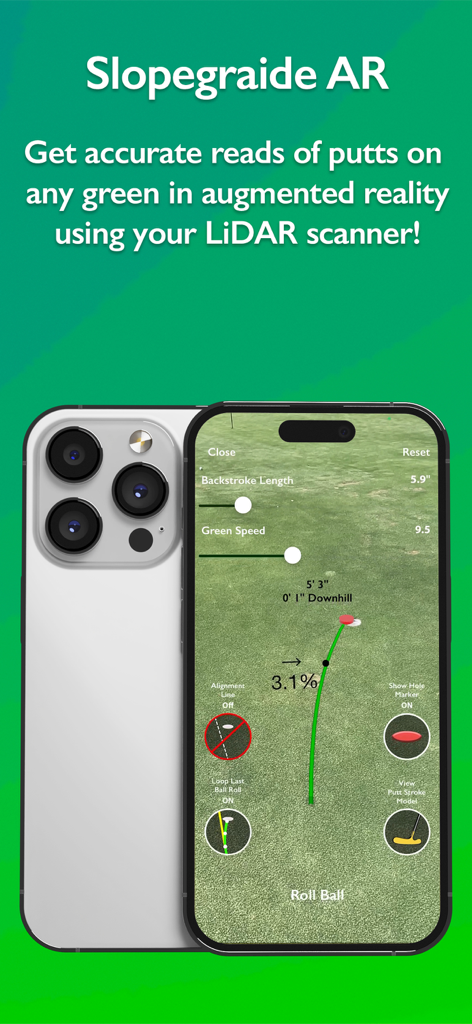 Slopegraide - Slopegraide ARインターフェース。iPhoneにゴルフグリーンの拡張現実グリーンリーディングと3Dパットモデルが表示されています。