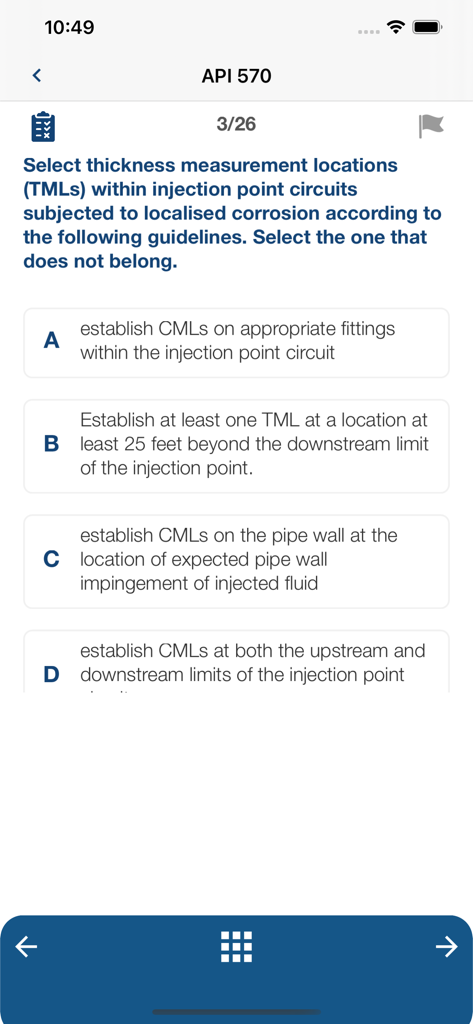 API 570 Helpmate - Practice quiz question interface for API 570 piping inspector certification exam preparation