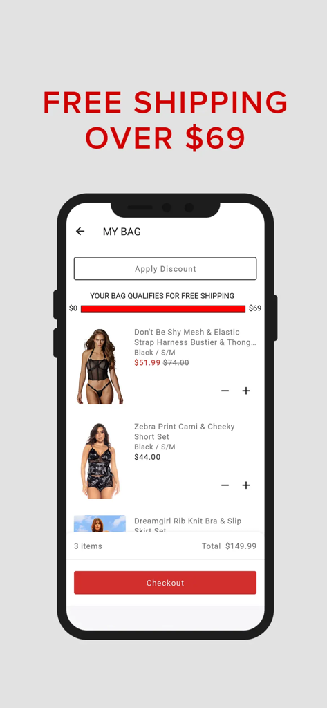 HUSTLER Hollywood - Shopping cart screen of the HUSTLER Hollywood app featuring lingerie items and a free shipping offer.