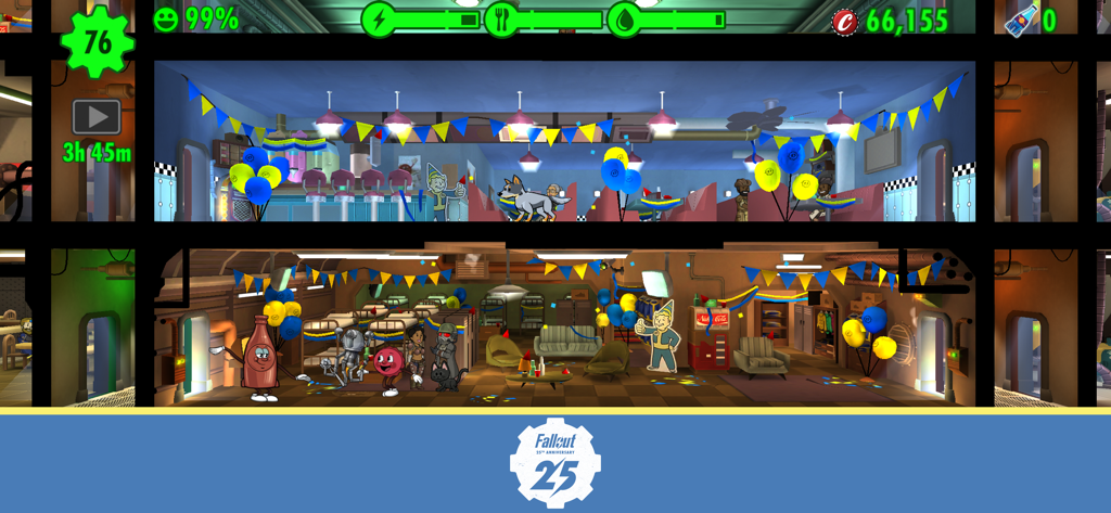 Dwellers celebrate in a decorated vault room with balloons for the Fallout 25th anniversary