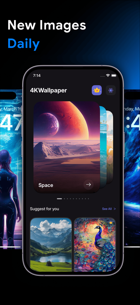 4K Wallpapers: HD Backgrounds - Interfaz de la aplicación Fondos de pantalla 4K en iPhone mostrando actualizaciones diarias con temas del espacio y la naturaleza
