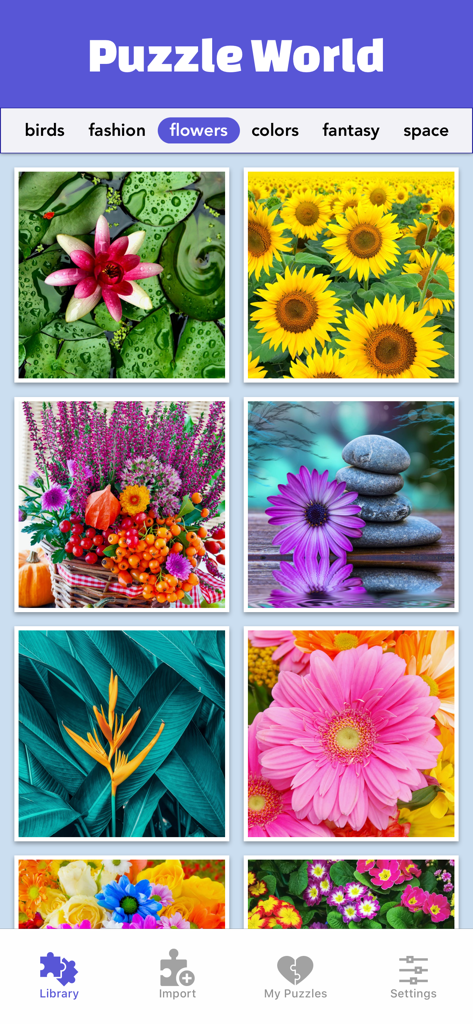 Una captura de pantalla de la interfaz de la aplicación Puzzle World que muestra una biblioteca de puzles florales, incluyendo girasoles, nenúfares y coloridos arreglos florales.