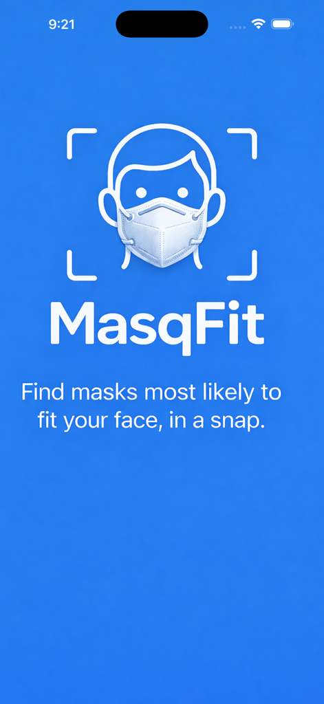 MasqFit - MasqFit 앱 시작 화면, 안면 스캔 아이콘 및 마스크 착용 태그라인 표시