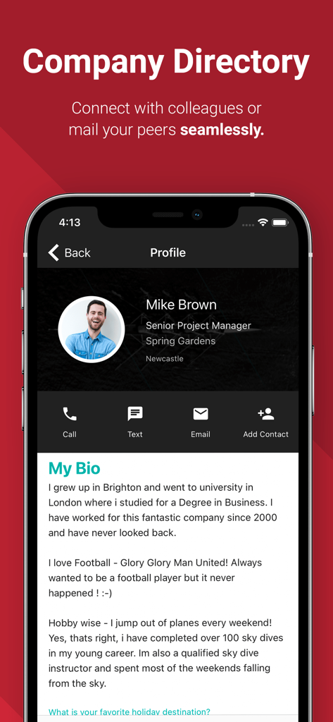 Access PeopleXD App-Oberfläche mit einem Mitarbeiterprofil aus dem Firmenverzeichnis, Kontaktoptionen und Biografie