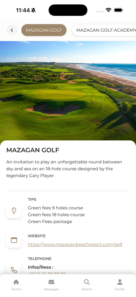 Mazagan Beach & Golf Resort - Mobile app screen for Mazagan Golf showing a seaside golf course and reservation information.