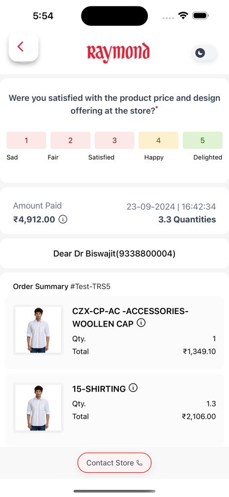 Order summary screen in the Raymond Rewards app showing purchase details and a customer satisfaction survey.