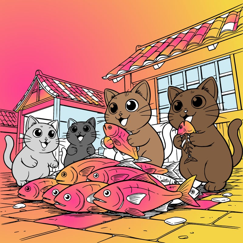 a bunch of cats eating fish
