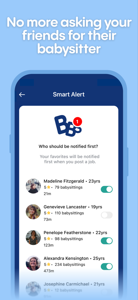 Interfaz de Alerta Inteligente en la aplicación Baby Sittor para seleccionar niñeras favoritas para notificar
