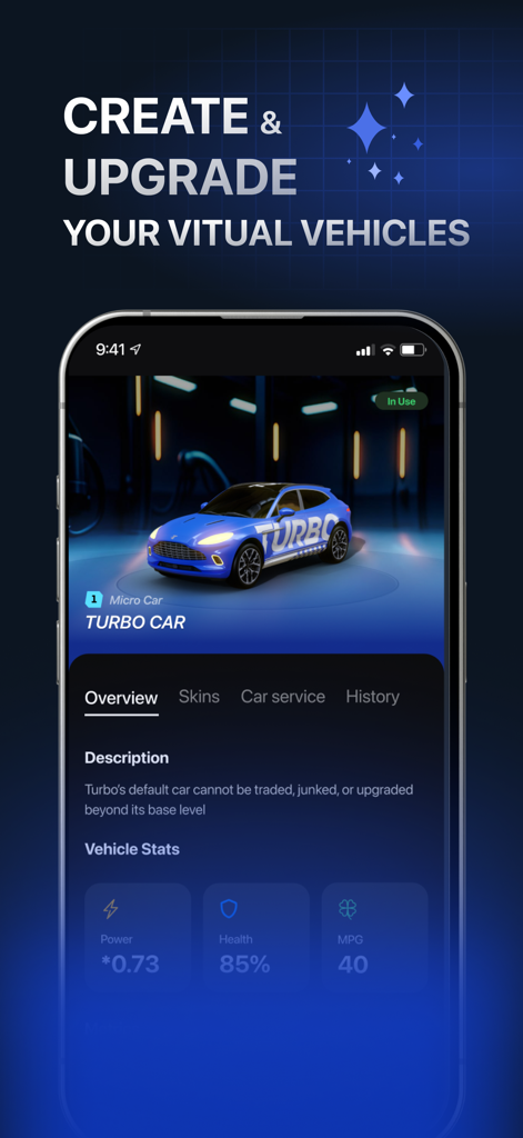 Turbo Map - Turbo Map app interface showing virtual car stats including power health and fuel efficiency for game upgrades