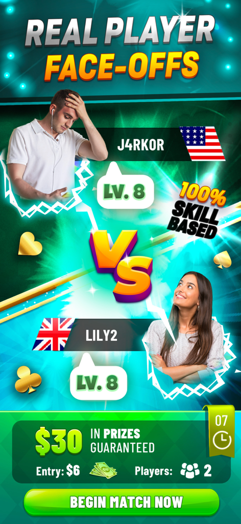 21 Jack - Blackjack Real Money - Una pantalla de 21 Jack que muestra un enfrentamiento competitivo entre dos jugadores por un premio en efectivo de treinta dólares.