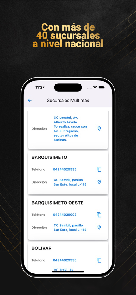 PriorityMax app screen displaying a list of Multimax store locations in Venezuela