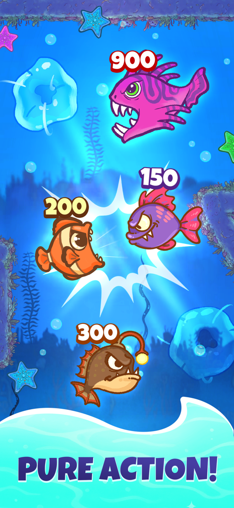 Fish Eat Fish: Go Feed to Grow - Peixes de desenho animado coloridos com níveis de tamanho num vibrante jogo de ação subaquático.