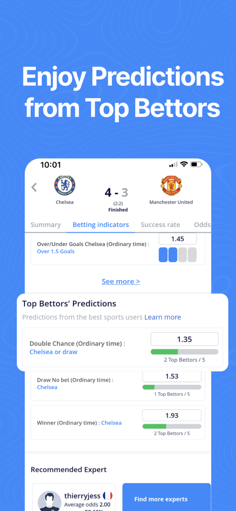 TIPSTOP: Sports Betting Tips - TIPSTOP app screen showing sports betting predictions from top users and match indicators for Chelsea vs Manchester United