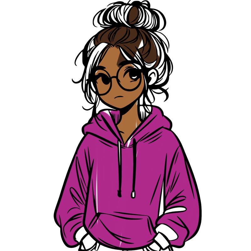 teen girl with a messy bun and glasses wearing a loose hoodie and jeans