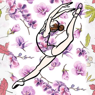 gymnast doing a leap in a leotard with a bent back leg