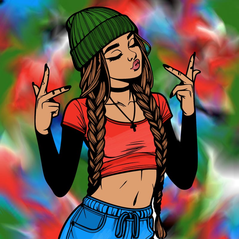realistic teenage girl with braids and a beanie and crop top doing 🫶🏼