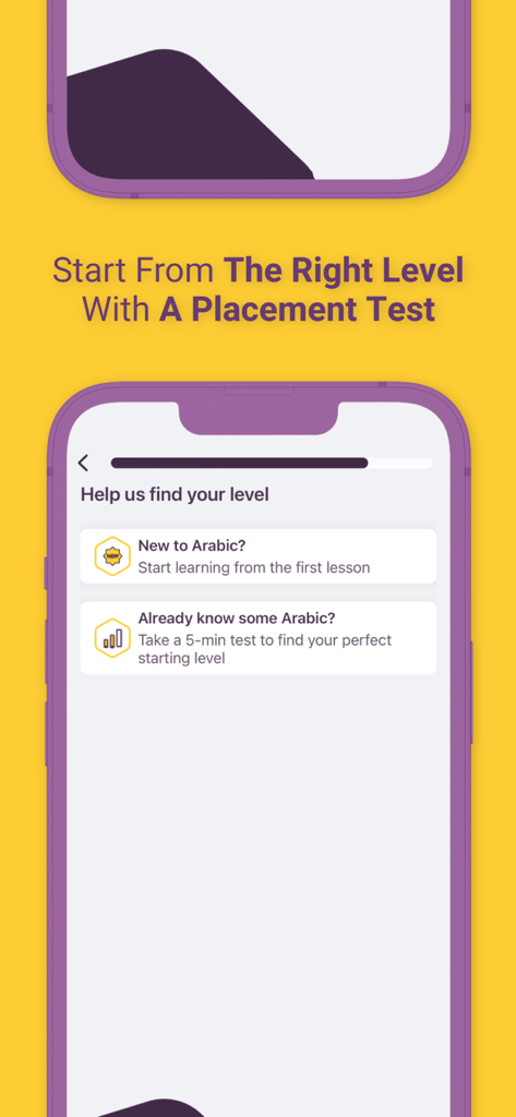 AlifBee - Learn Arabic Easily - Placement test screen on AlifBee app for choosing Arabic learning level