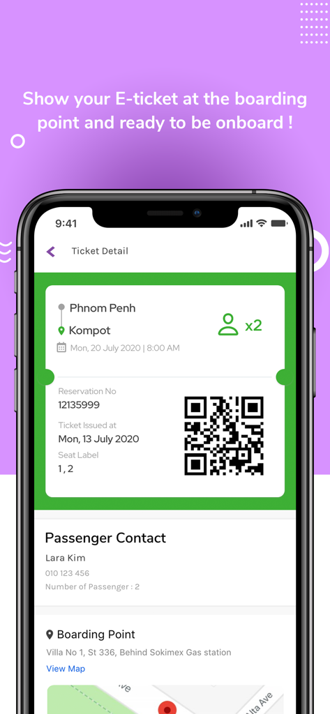 Kimseng Express - A digital bus ticket on the Kimseng Express mobile app for travel from Phnom Penh to Kampot featuring a QR code and travel details.
