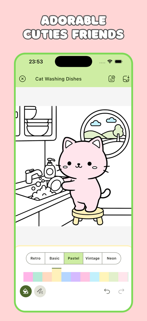 Cozy Coloring Book for Adults - A simple line drawing of an adorable pink cat washing dishes in a cozy kitchen within the app interface.