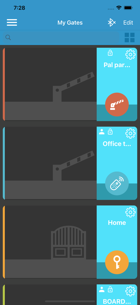 The My Gates screen in the PalGate app showing a list of managed home and office barriers with remote control buttons.