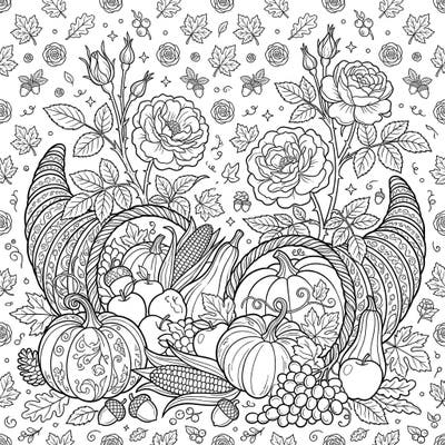 Immerse yourself in the autumnal splendor with this unique Damask Roses and Thanksgiving Harvest coloring page. It beautifully blends the elegance of fragrant roses with the bountiful spirit of the harvest season, perfect for a relaxing creative escape.