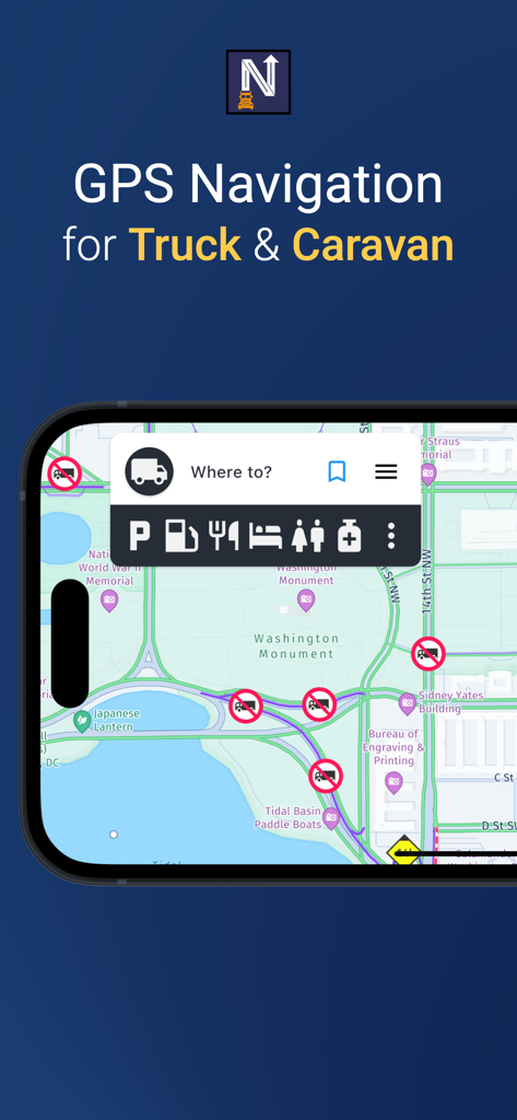 NaviTruck GPS navigation app interface showing truck restrictions and points of interest icons on a map