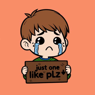 realistic crying boy with a sign saying just one like plz