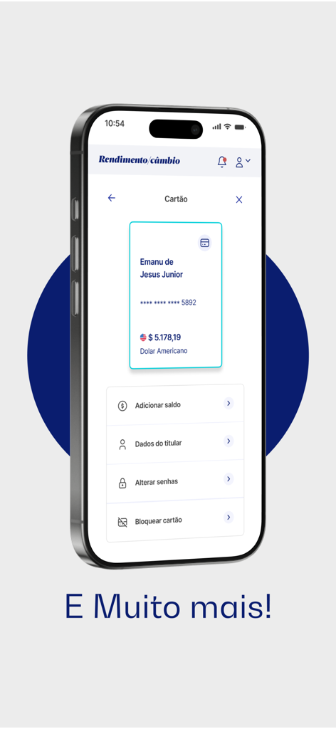 Oberfläche der Rendimento Cambio App mit Details zur internationalen Prepaid-Karte und zum USD-Guthaben